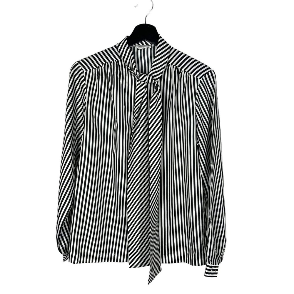 Vintage 90s Black White Stripe Secretary Long Sleeve Button Up Large
